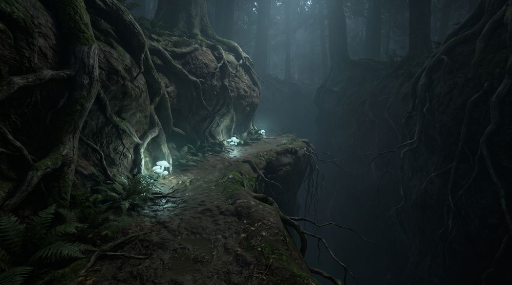 Candidate 2 — Deep chasm with a narrow ledge and glowing mushrooms