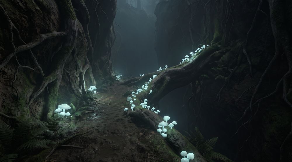 Candidate 2 — Mushroom-covered root spanning the chasm