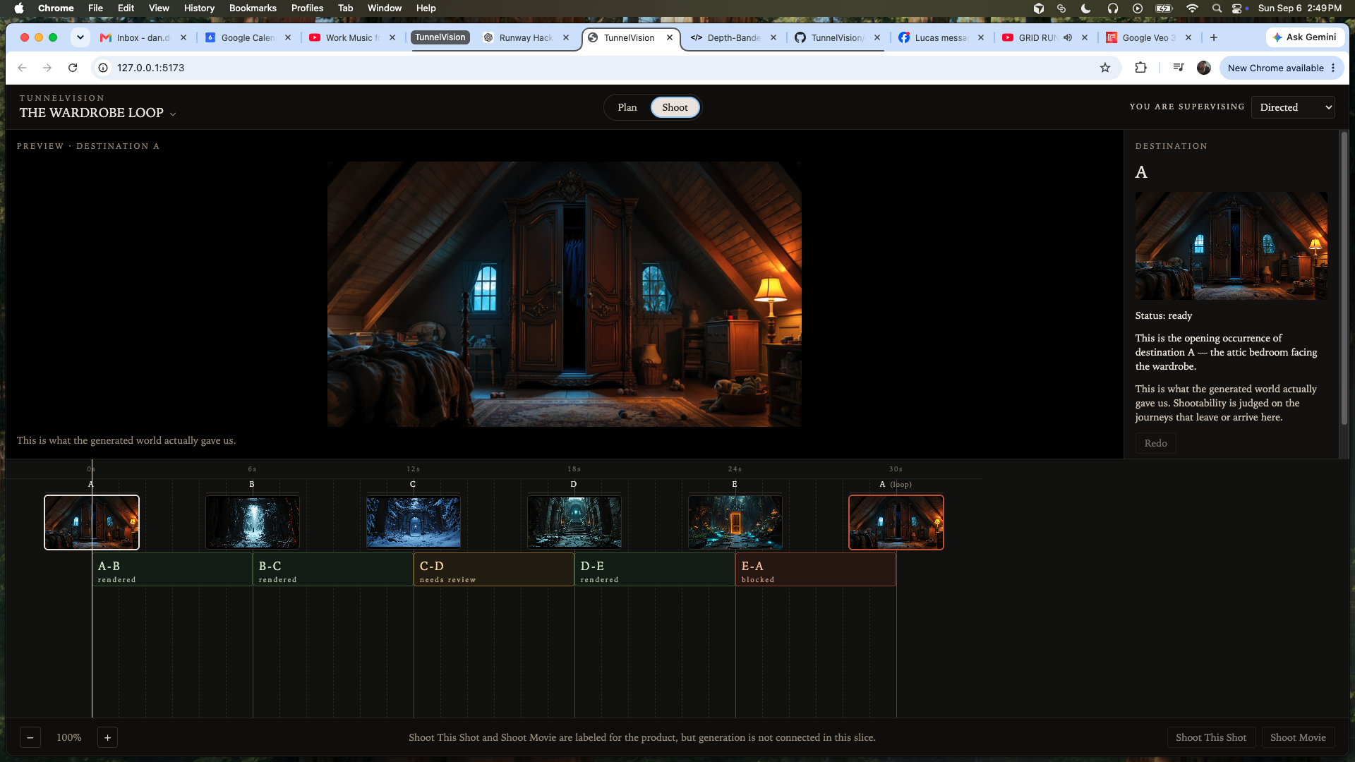 Shoot workspace: production Destinations on a temporal Journey timeline with preview, inspector, and shootability state