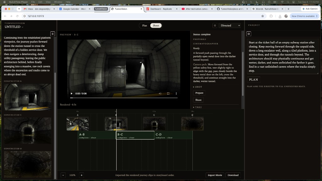 Shoot workspace: preview of journey B-C, inspector with cinematographer choreography, Destinations and Journey timeline with complete clear legs