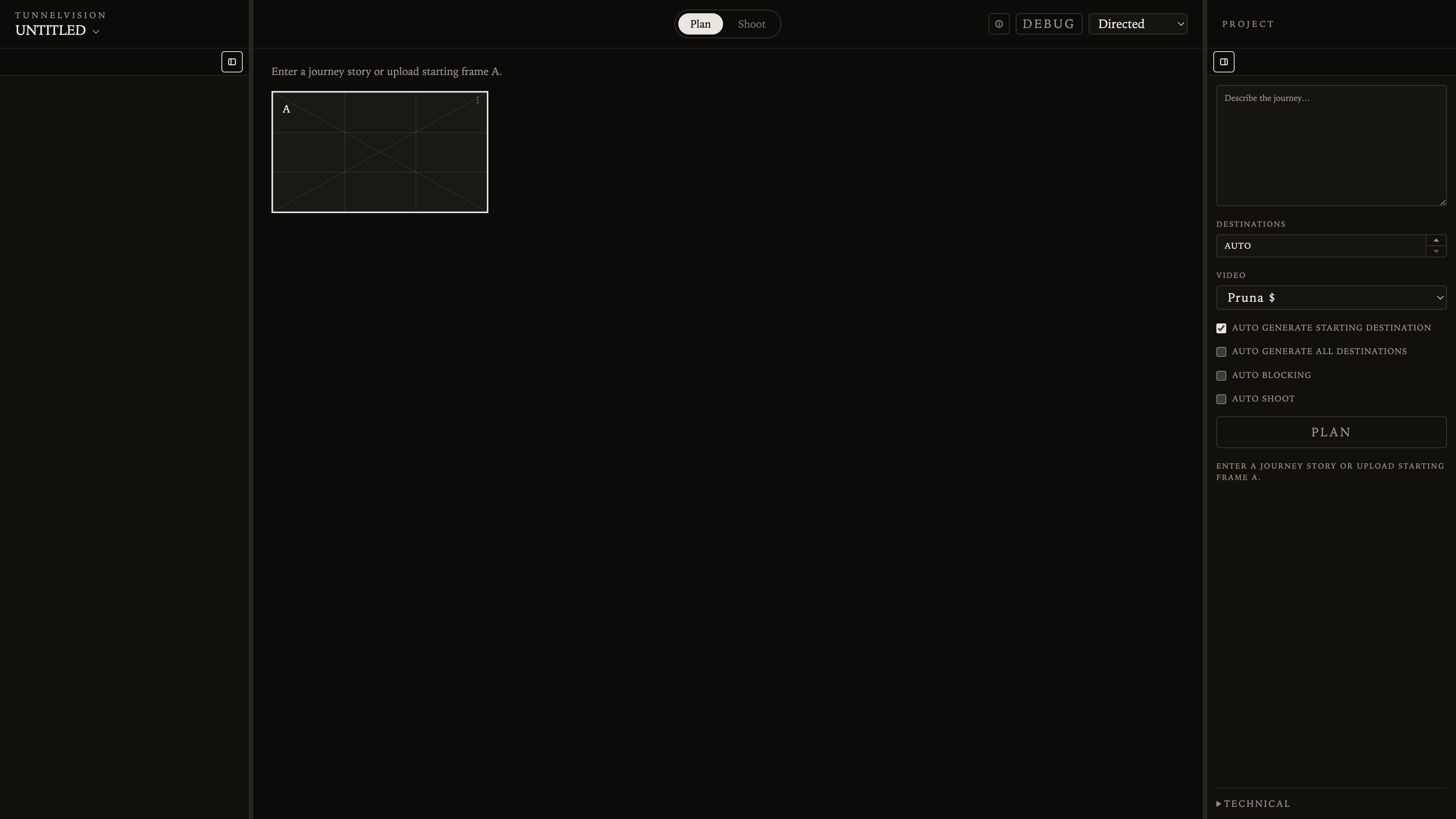 Plan workspace: untitled project with the Project panel Video control set to Pruna $, Destinations AUTO, and starting frame A unresolved