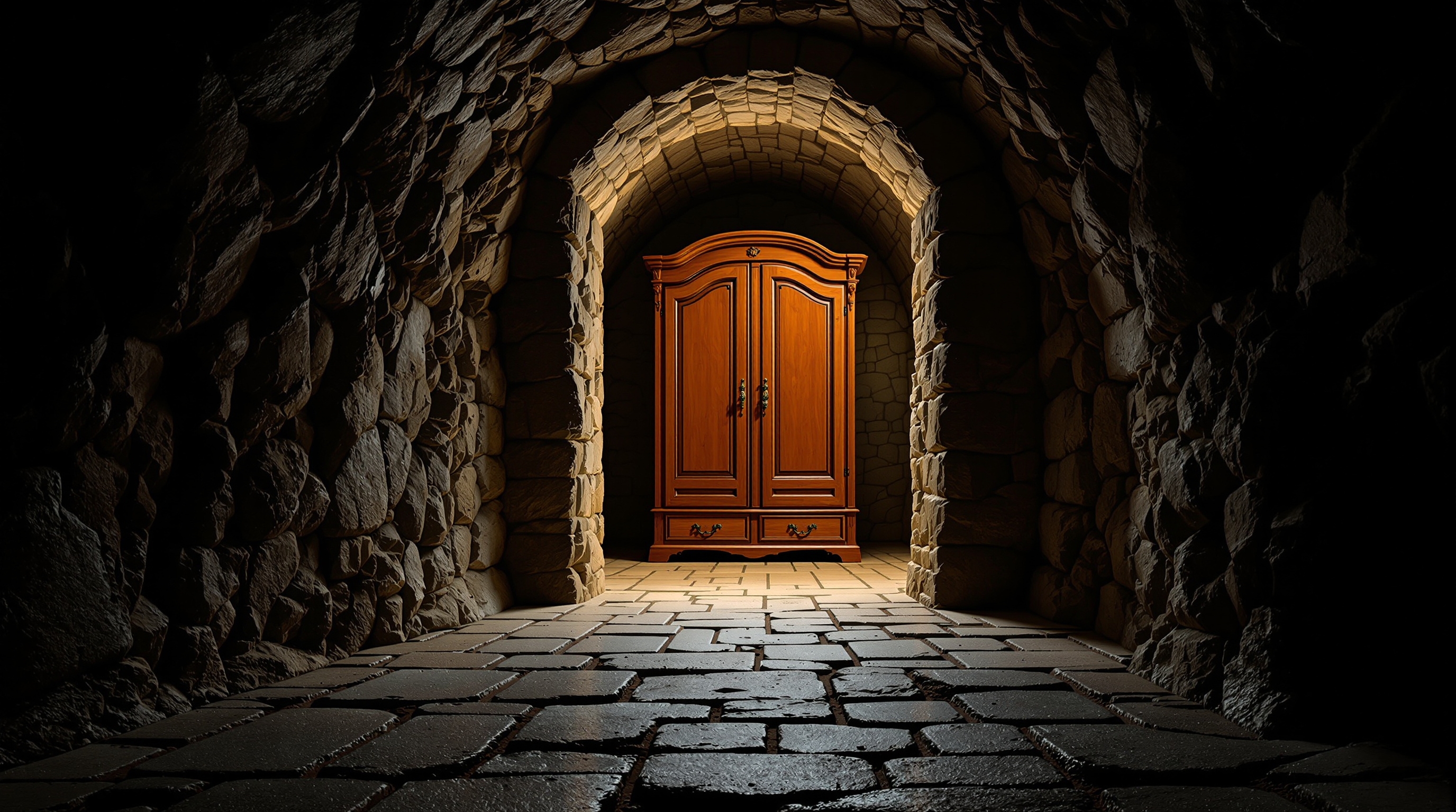 Destination A: a dark stone tunnel framing an ornate wooden wardrobe in warm light