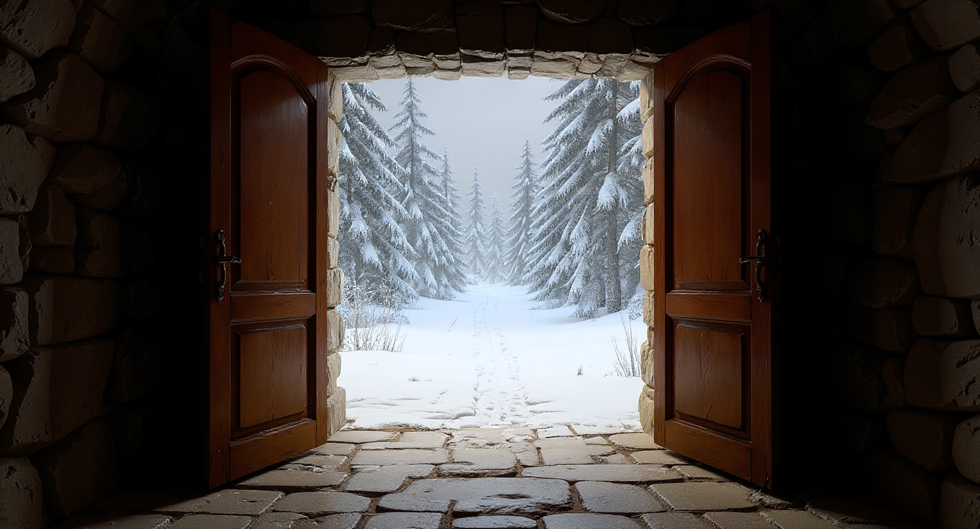 Destination B: stone interior with open wooden doors looking onto a snow-covered forest path