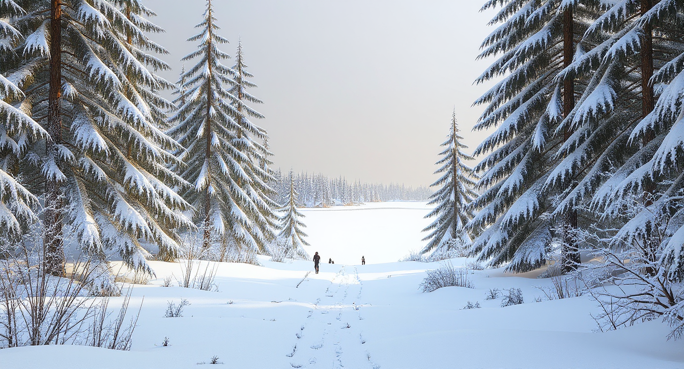 Destination C: a snow-laden evergreen path receding toward a bright misty clearing, with small figures on the trail
