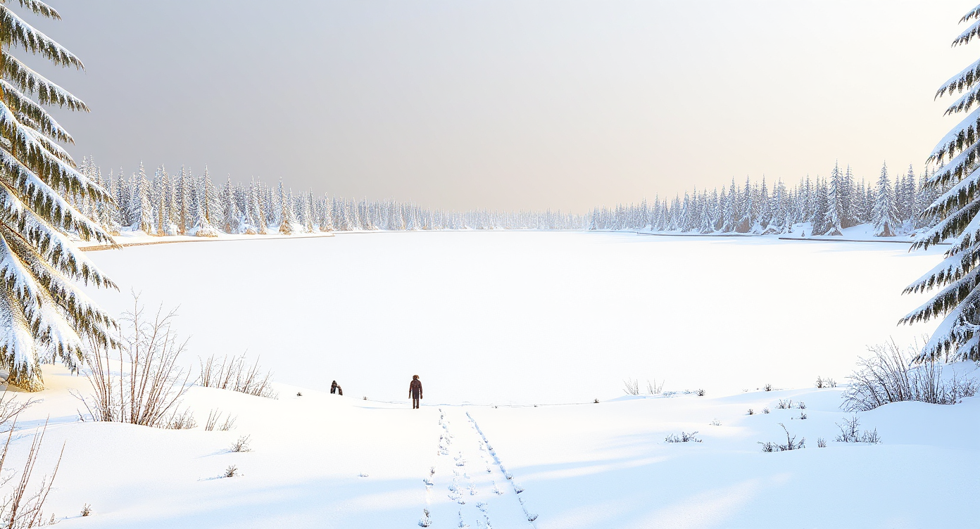 Destination D: a vast snow field with a lone figure facing a distant evergreen treeline