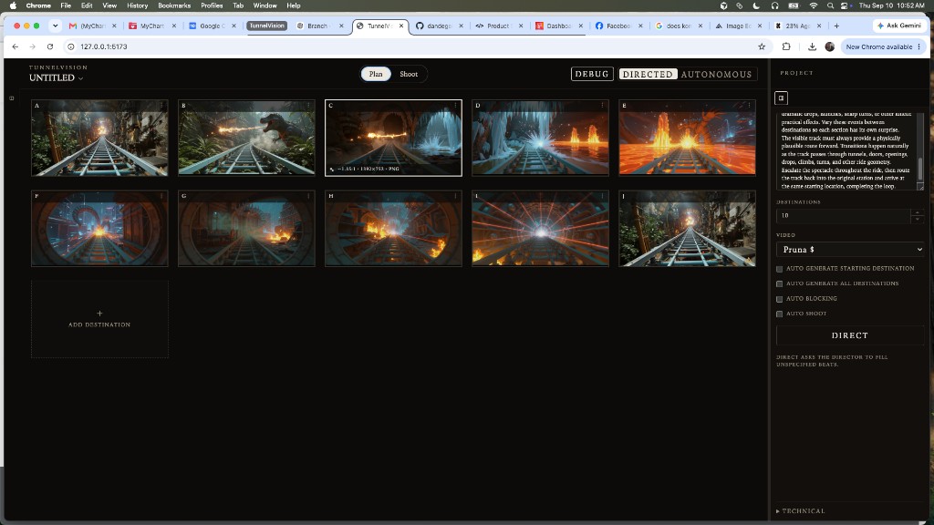 Plan workspace: untitled ten-destination train journey A through J on a storyboard grid, destination C selected with media facts, Debug and Directed in the header, Project panel with DIRECT