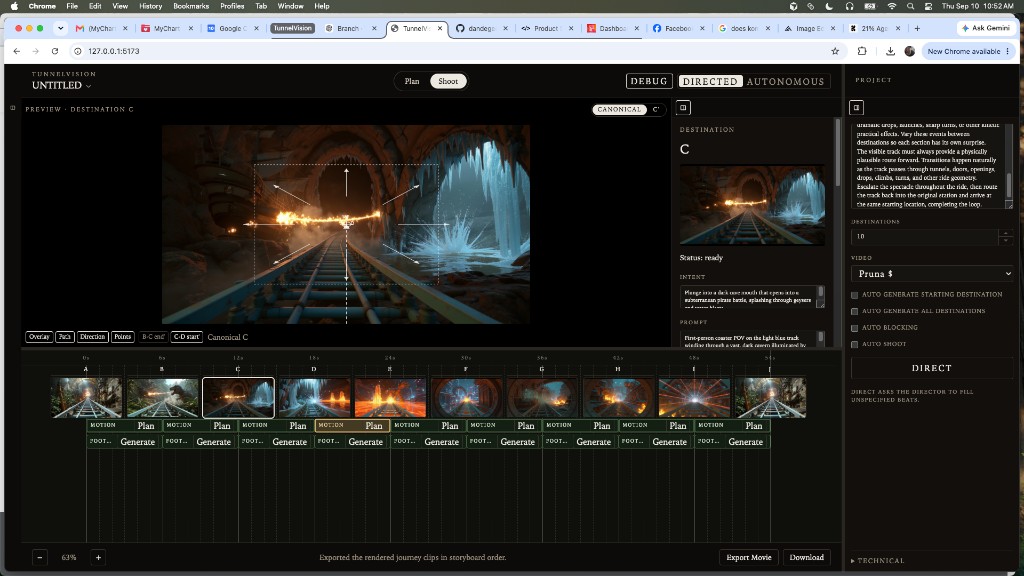 Shoot workspace: preview of destination C with stored Camotion overlay, Canonical toggle, inspector Intent and Prompt, MOTION Plan and FOOTAGE Generate under destinations A through J