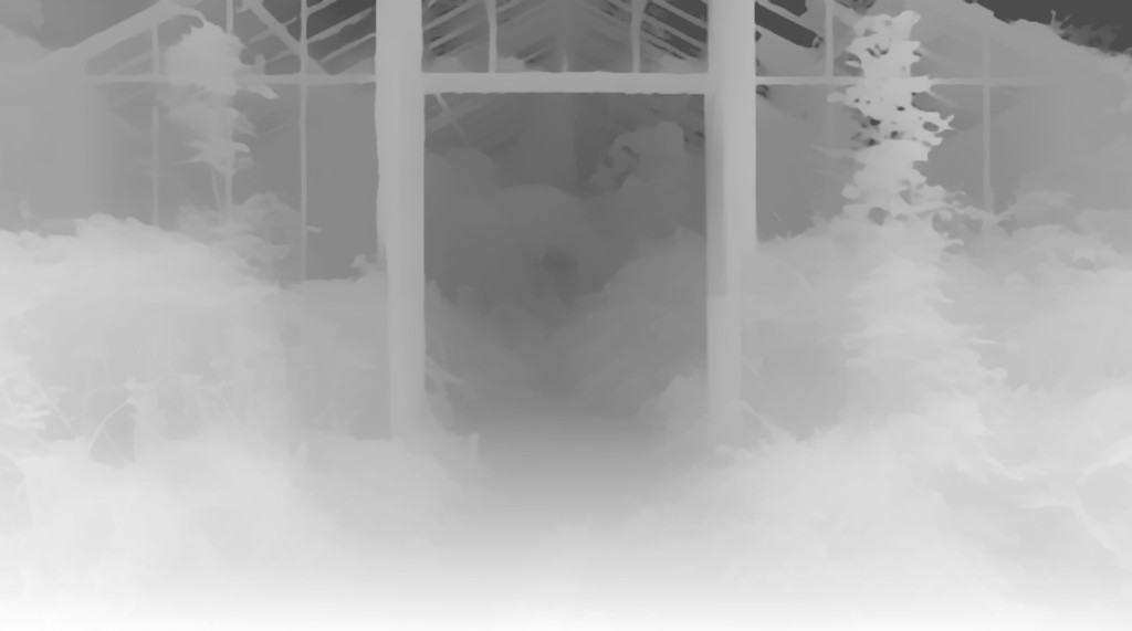 Normalized Camotion near-weight depth map of a greenhouse interior, white near and gray far