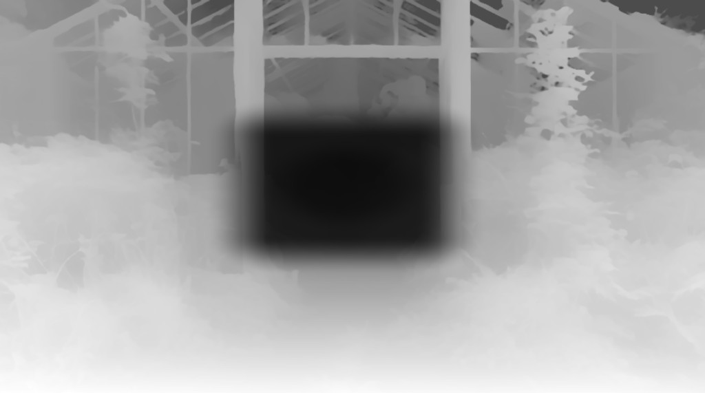 Combined Camotion motion-weight map: dark rectangle at the destination, soft oval at the vanishing point