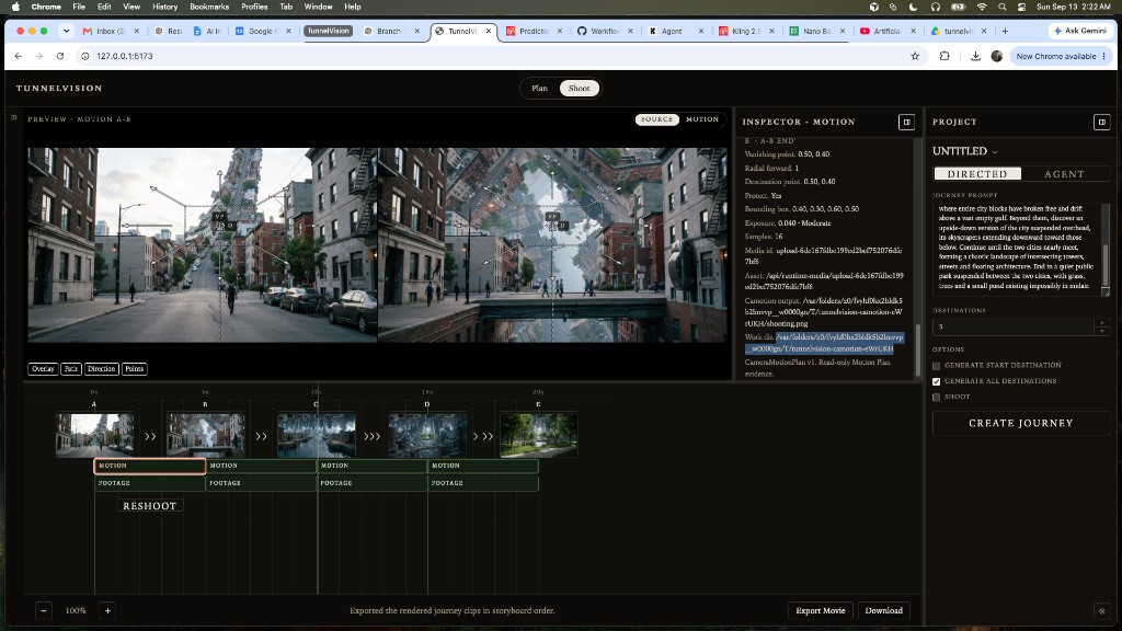 Shoot workspace: A–B motion preview with Camotion overlay, MOTION and FOOTAGE bands, RESHOOT under the selected segment