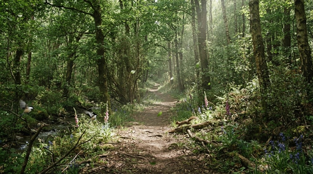 Destination A: a sunlit forest path with birds, foxgloves, and a stream to the left