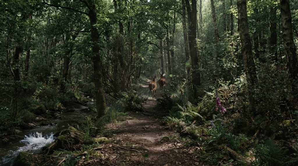 Destination B: the same forest path, denser and darker, with two deer running ahead