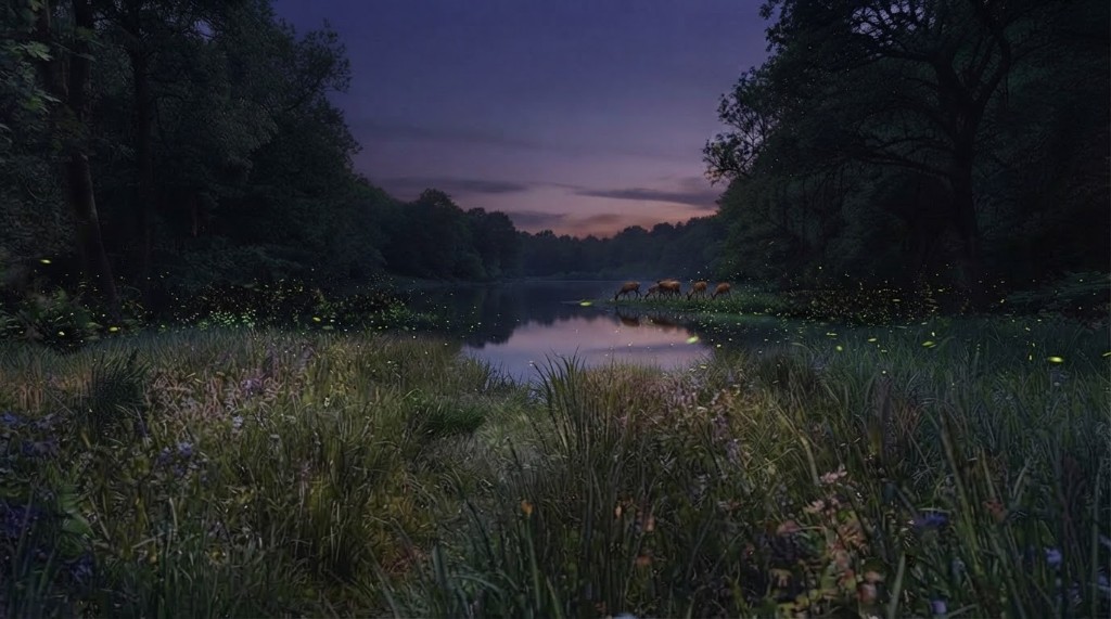 Destination C: dusk lakeshore with deer grazing on the far bank and fireflies in the grass