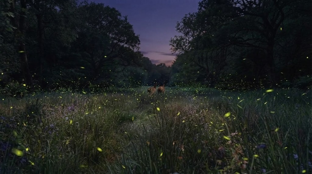 Destination D: first-person in tall grass at dusk, fireflies, two deer running away down the meadow