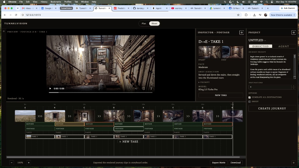 Shoot workspace: D→E footage selected, preview playing TAKE 1, inspector heading D→E · TAKE 1, timeline MOTION / FOOTAGE / TAKES / TAKE 1 / + NEW TAKE under destinations A through H
