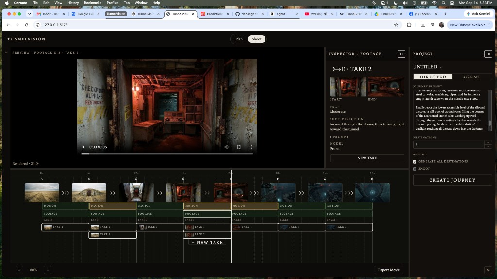 Shoot workspace: D→E TAKE 2 selected, stacked TAKE 1 and TAKE 2 under FOOTAGE, preview of the bunker interior from TAKE 2