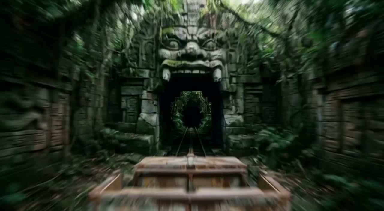 First-person minecart approaching a jungle temple gate under a carved stone face