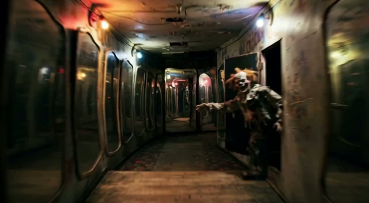 First-person walk through a mirrored funhouse corridor with a clown in a doorway