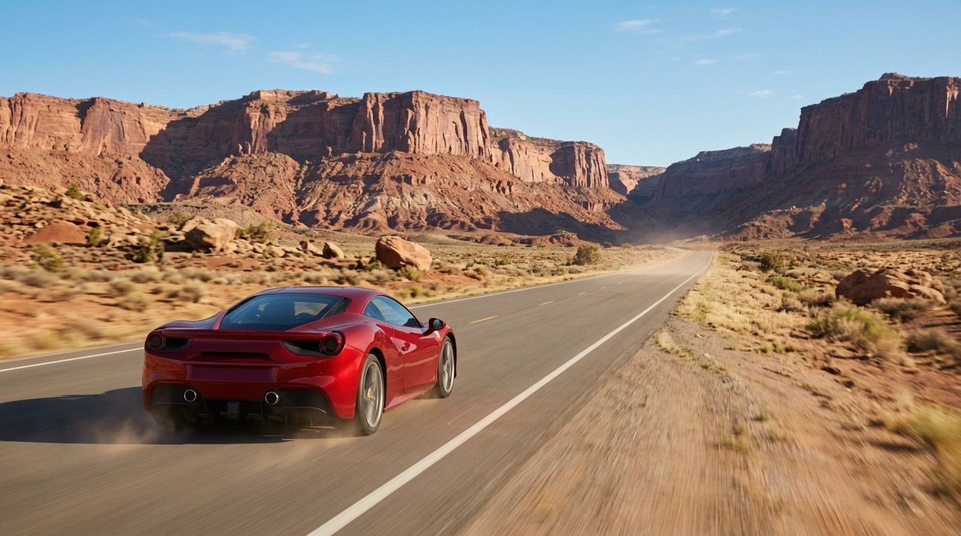 FOLLOW opening: red car ahead on the desert highway