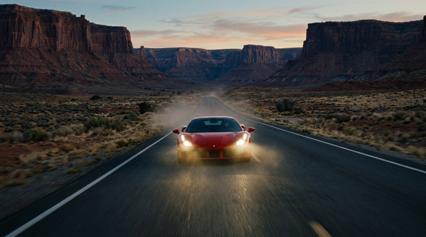 LEAD opening: red car racing toward the camera on the desert highway