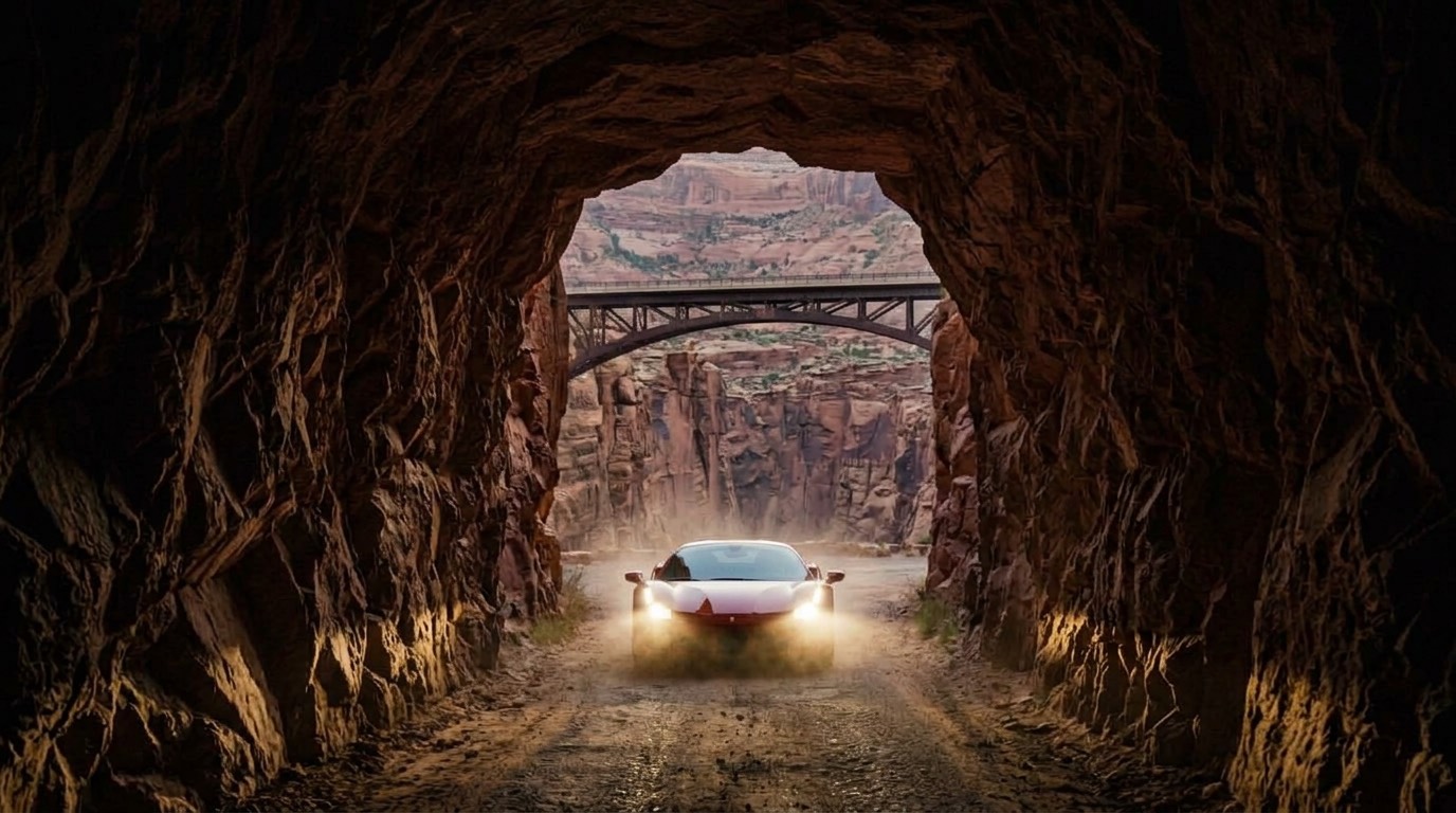 LEAD inside the tunnel looking back at the oncoming car