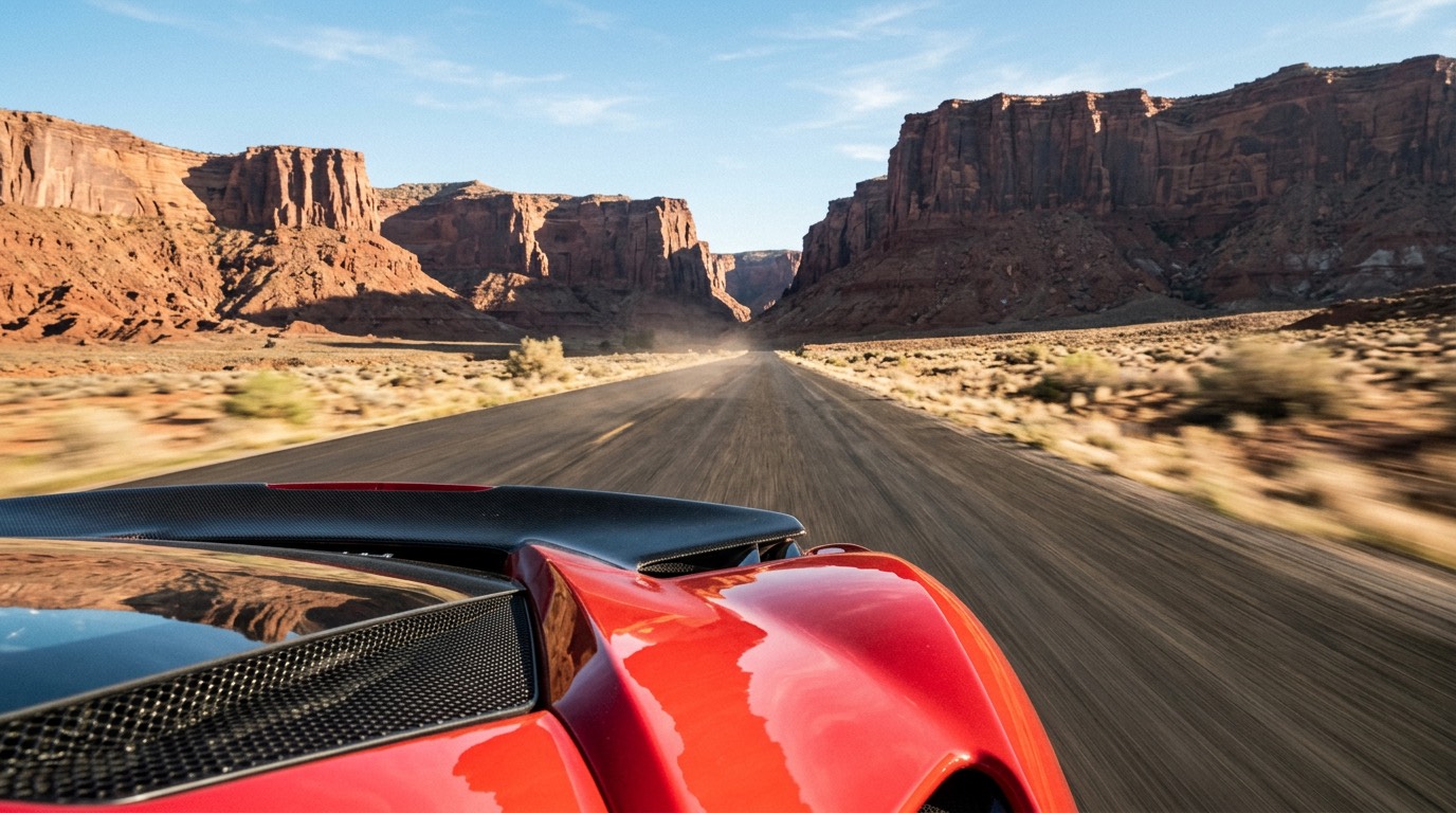 MOUNTED opening: red car decklid in the foreground, canyon highway ahead