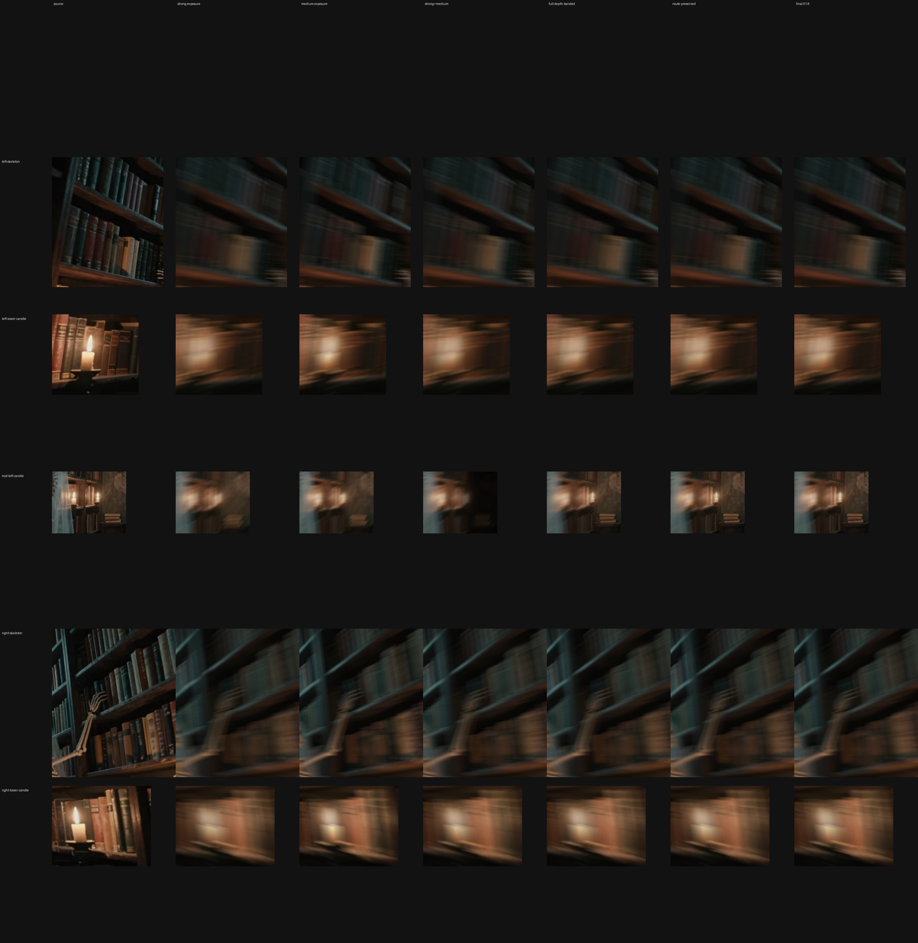 01.10 contact sheet of Ghost Library crops across 01.8 compositor stages. Diagnostic only. Not promoted.