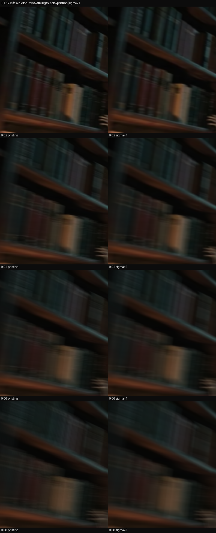 01.12 Ghost Library left-skeleton crop matrix across exposure strength and sigma=1 diagnostic control. Diagnostic only. Not promoted.