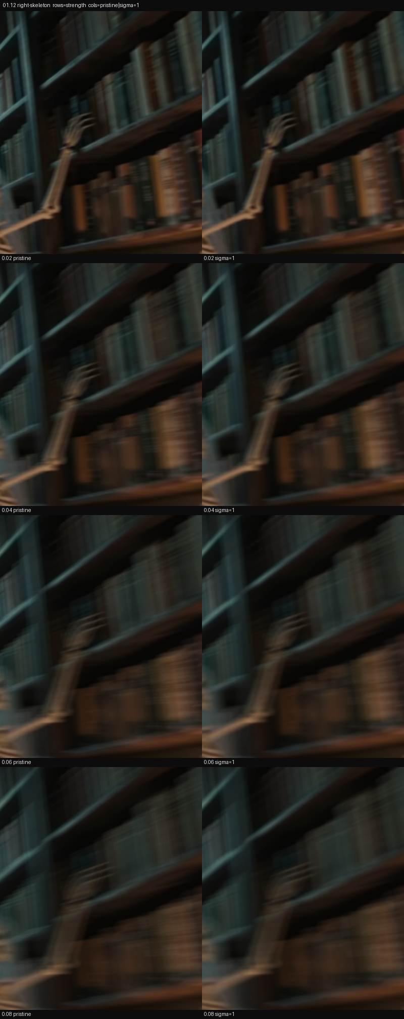 01.12 Ghost Library right-skeleton crop matrix across exposure strength and sigma=1 diagnostic control. Diagnostic only. Not promoted.